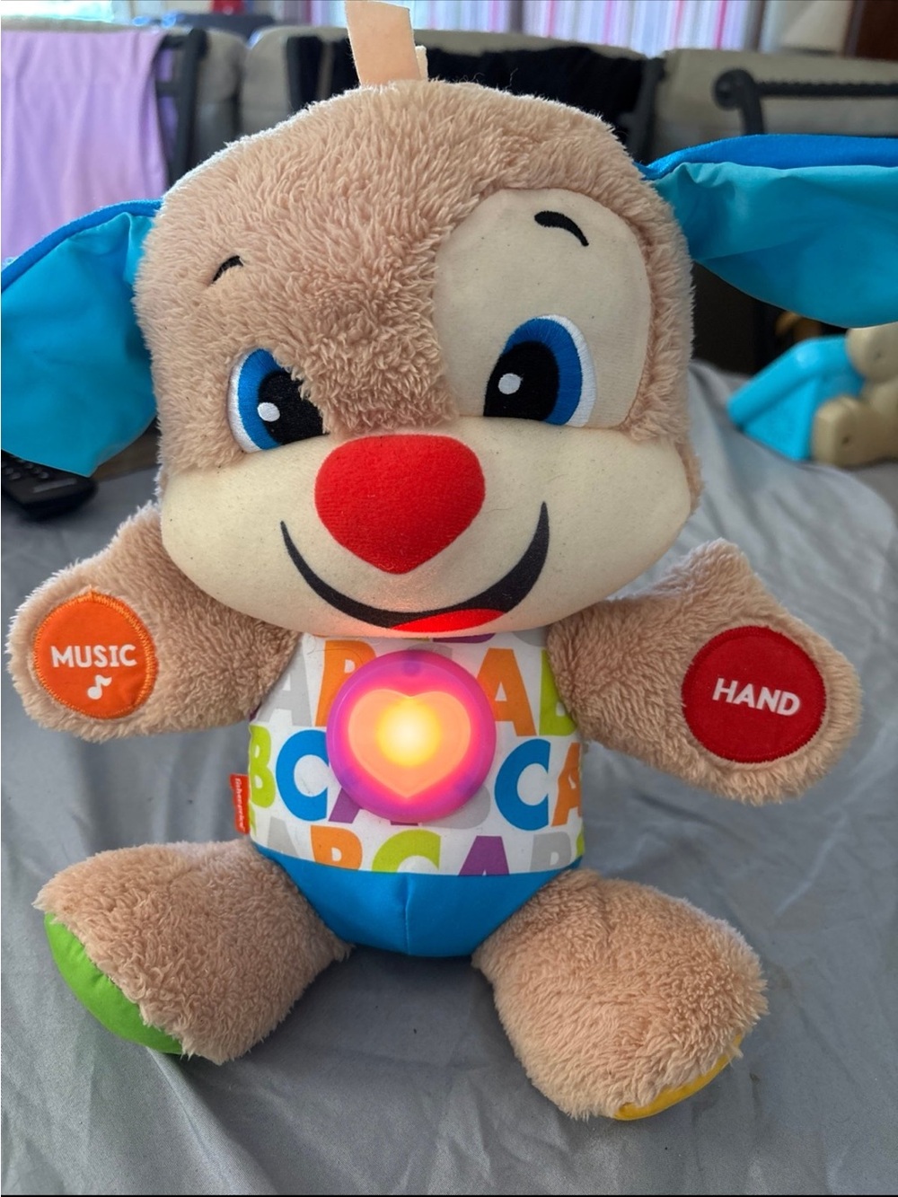 Interactive ABC Puppy Plush Toy with Light-Up Heart - Brown with Blue Ears